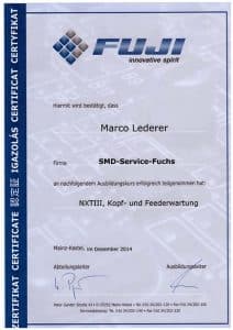 2014 Zertifikat für Teilnahme an Fuji europe Ausbildungskurs NXTIII, Kopf- und Feederwartung