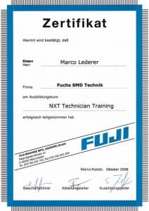 Zertifikat für Fuji Ausbildungskurs NXT Technician Training